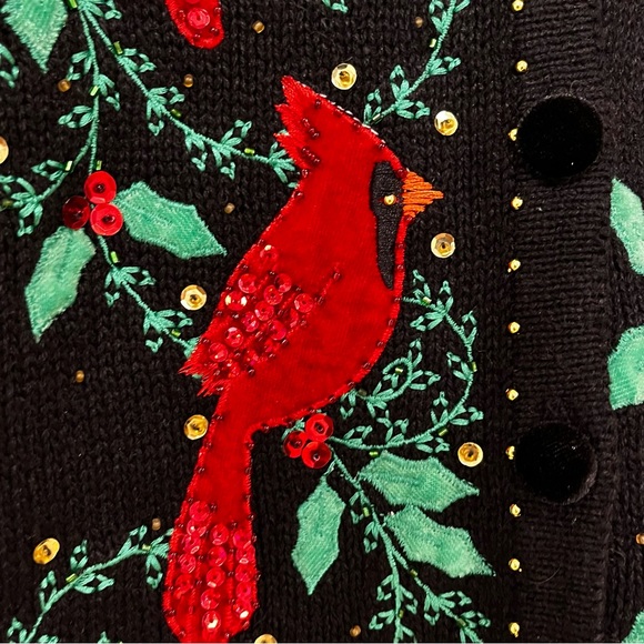 Christmas Cardigan embroidered Appliquéd Sequins Beaded Cardinals Size PM NWT - Picture 5 of 16